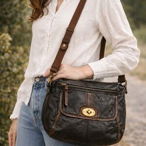 Fossil Long Live Vintage Leather Crossbody Bag Black Brown Turn Lock Boho